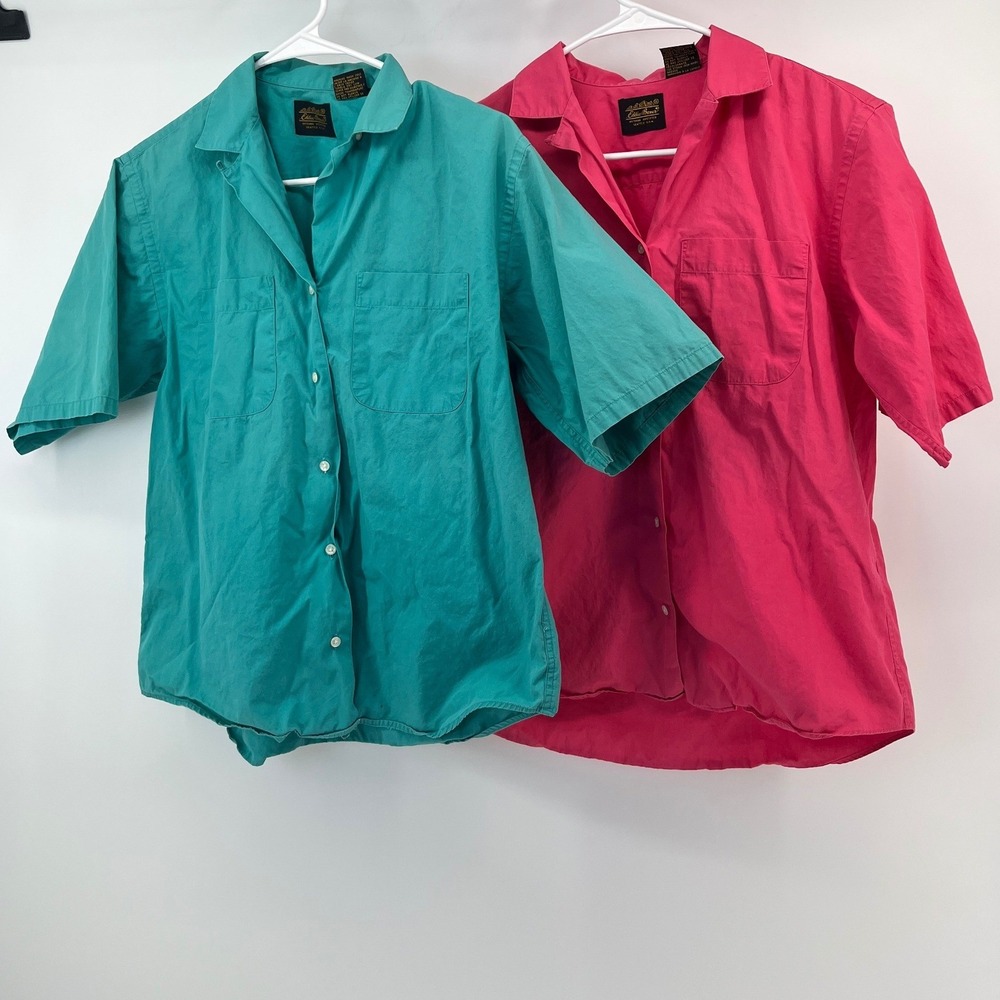 Eddie Bauer Button Down Shirts Womens Medium Pink Teal Vintage Cotton 2 Pack